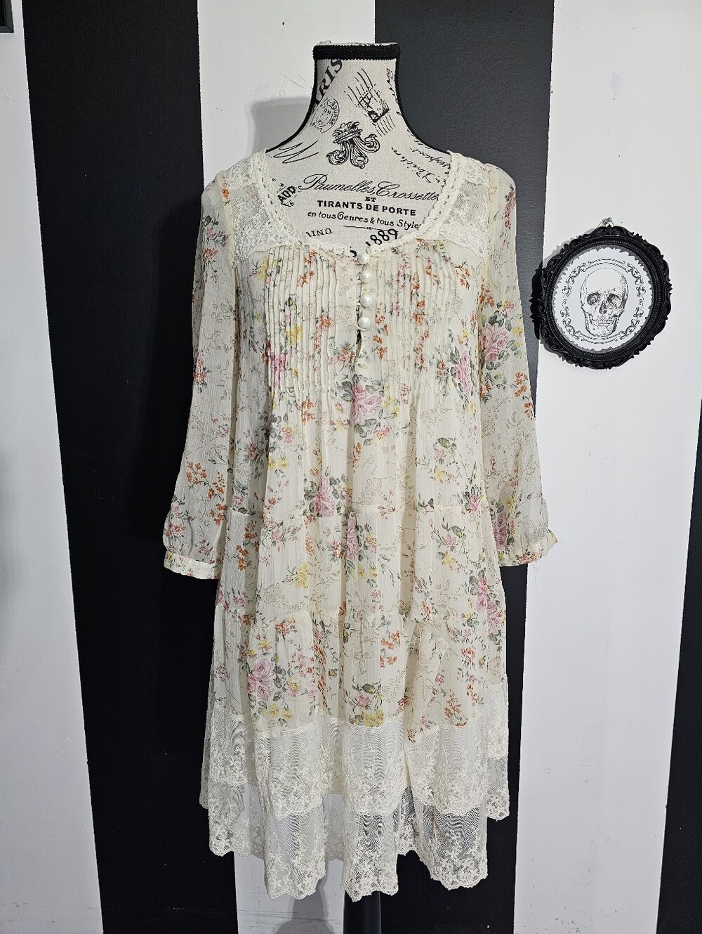 Ivory Floral Lace-Trim Peasant Dress - Women